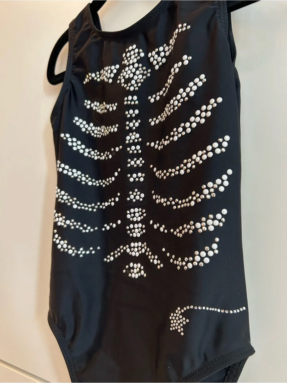 Destira Black Gymnastics or Dance Leotard with Silver Rhinestone Skeleton Design